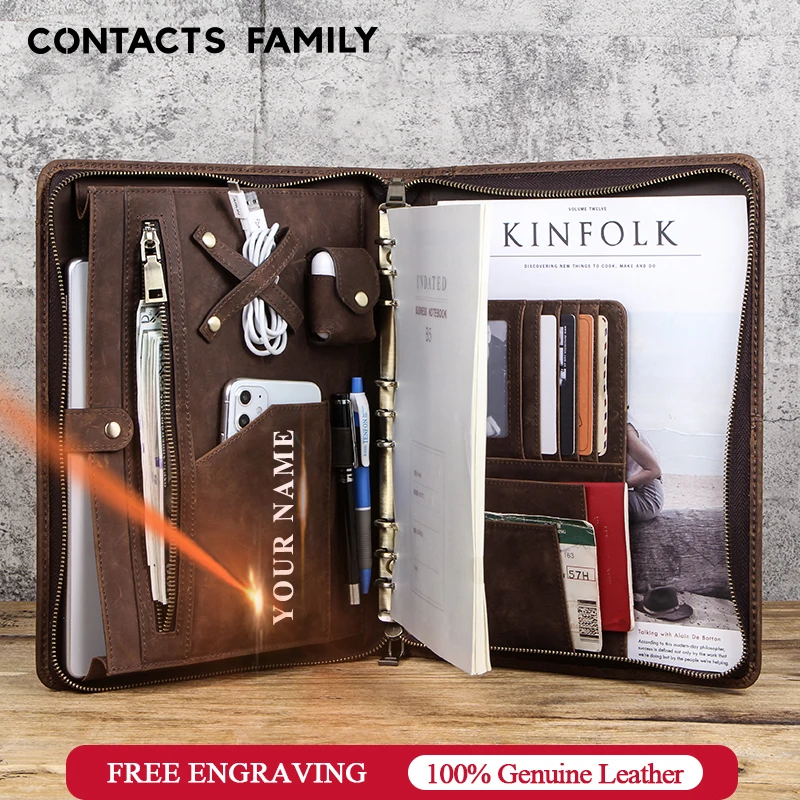 

CONTACT'S FAMILY Luxury Leather Zipper Leather B5 Portfolio Briefcase Bag for Samsung Galaxy Tab S4 S5e S6 10.5 inch with Handle