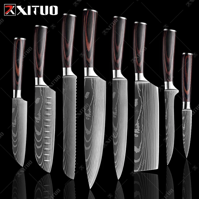 XITUO Chef knife 1-10 Pcs Set Kitchen Knives Laser Damascus Pattern Sharp Japanese Santoku Knife Cleaver Slicing Utility Knife 8 PCS Value set