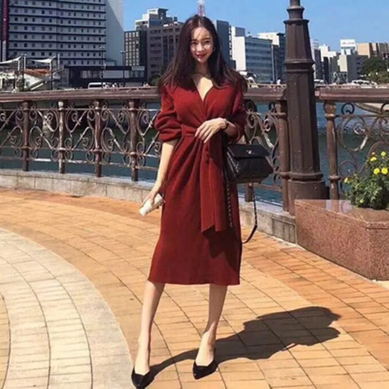 

Autumn Winter High Quality V-neck Sweater Dress Women Elegant Slim Lace-up Dresses OL Wear To Work Chic Knitting Dress 2020