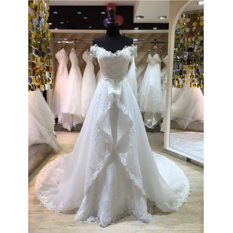 Detachable-Skirt-2-Pieces-Wedding-Dresses-Mermaid-Off-Shoulder-Short-Sleeve-Beaded-Appliques-Lace-Bridal-Gowns