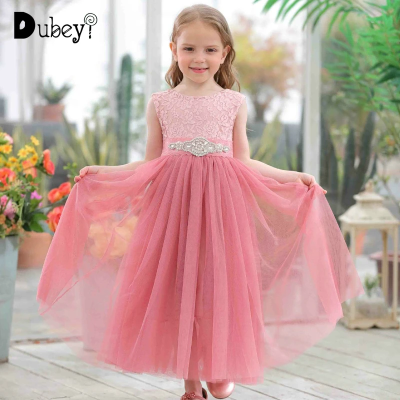 

Flower Girl Lace Tulle Long Dress with Crystal Sashes Elegant Girls Party Dress for Birthday and Wedding Thanksgiving Dress