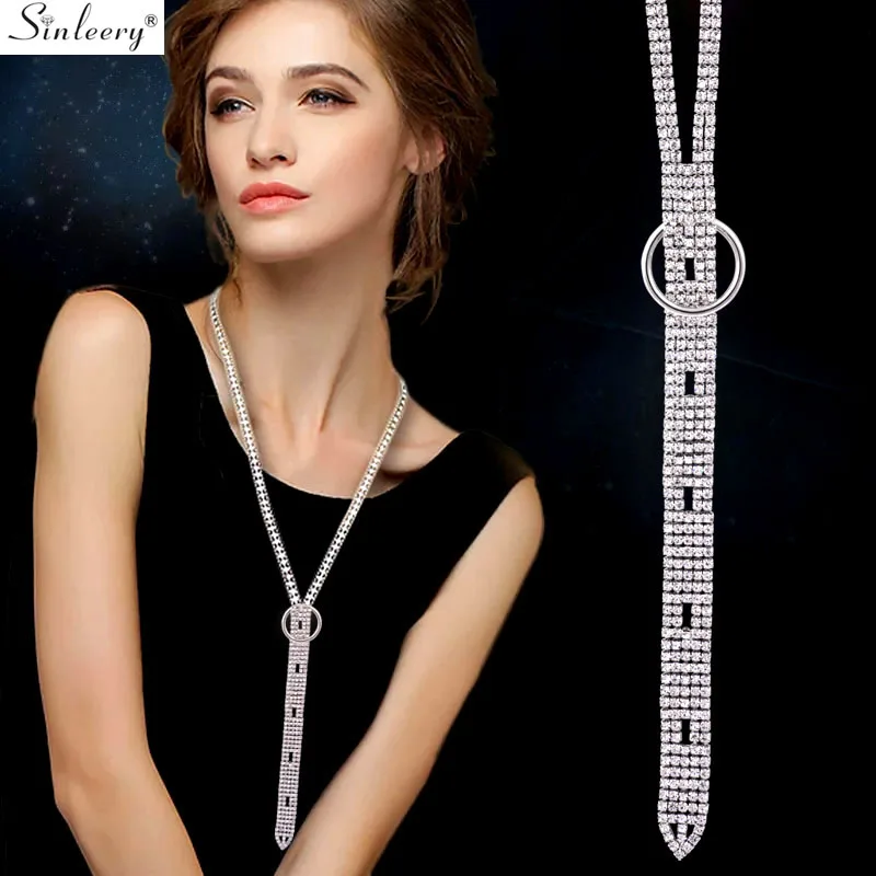 

SINLEERY Simple Sparkling Long Pendant Necklace Full Cubic Zirconia Silver Color Chain Necklace For Women Jewelry MY007 SSH