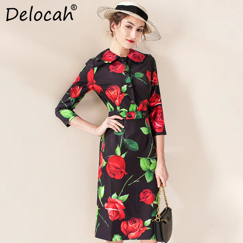 Delocah, осенне-зимнее женское платье, подиумное, модное, дизайнерское, короткий рукав, простая пуговица, с принтом розы, элегантное, тонкое, женское платье