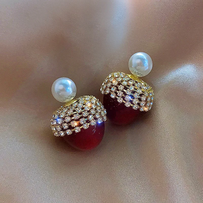 Fashion Stones Cherry Big Stud Earrings For Women Korean Style Front And Back New Brincos Jewelry bijoux
