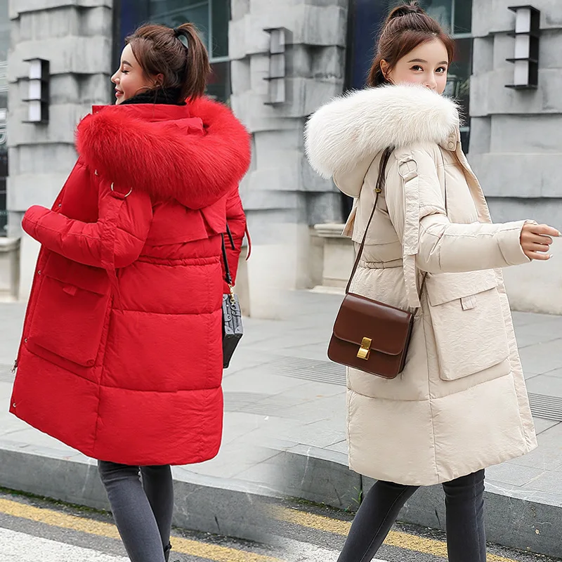 Winter New Down Jacket Women's Long 90% White Duck Down Large Fur Collar Long White Thicken Casual Hooded Outwear Tops