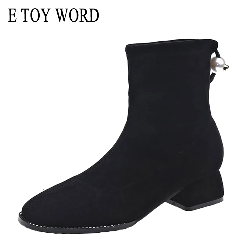 

E TOY WORD Women Autumn booties thick heel socks boots women Shoes square head high heels ankle boots women Martin boots black