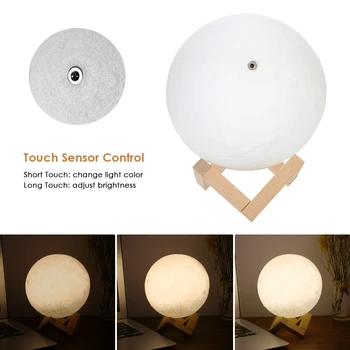 

New 3D Printing Moon USB Light 2-Colors Dimmable Touch Sensor 9/10/12/14/15/18cm Bedroom Decor Night Lamp with Wooden Stand