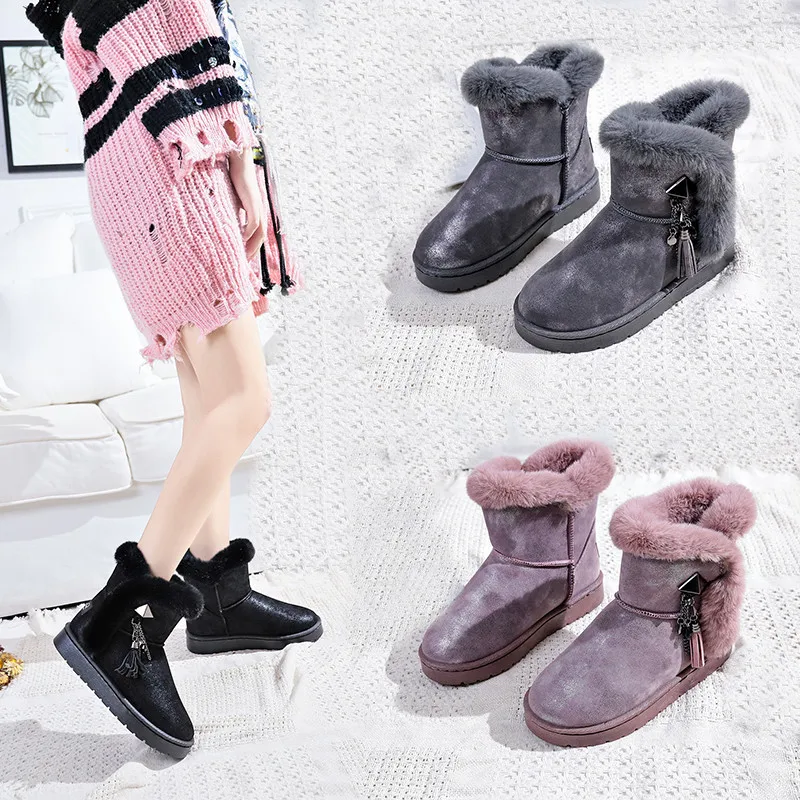 Autumn winter new rhinestone buckle female cotton shoes Korean rabbit hair fashion snow boots in the tube keep warm women boot