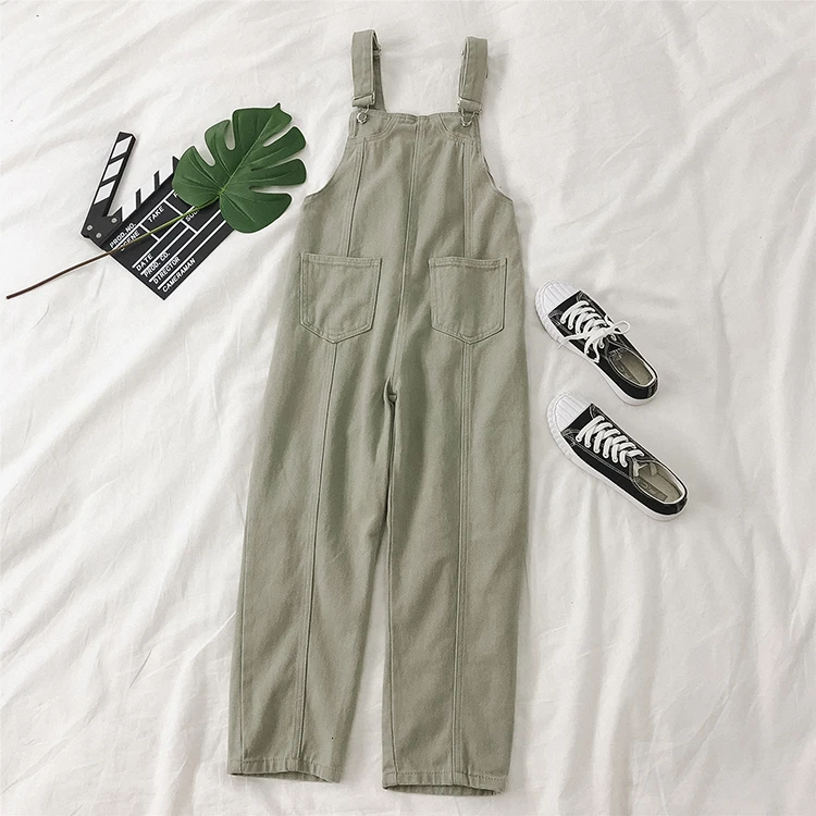 green overall Harajuku повседневный комбинезон, женский летний комплект из двух предметов, модная Синяя Клетчатая блуза с длинным рукавом+ черные свободные длинные штаны, летний комплект - Цвет: green overall