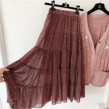 Женская шифоновая юбка с цветочным принтом, модная высокая талия, эластичная талия, женские осенние гофрированные длинные юбки