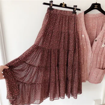 

Flower Print Woman Chiffon Skirt Fashion High Waist Elastic Waist Female Autumn Pleated Long Skirts