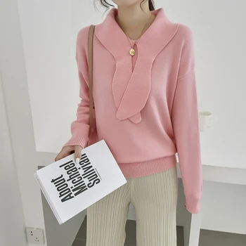 

2019 Autumn Winter New College Chic Loose Long Sleeve Sweater Women Pullover Shirt Female Knitwear Pink Blue Pulls Elegant Tops