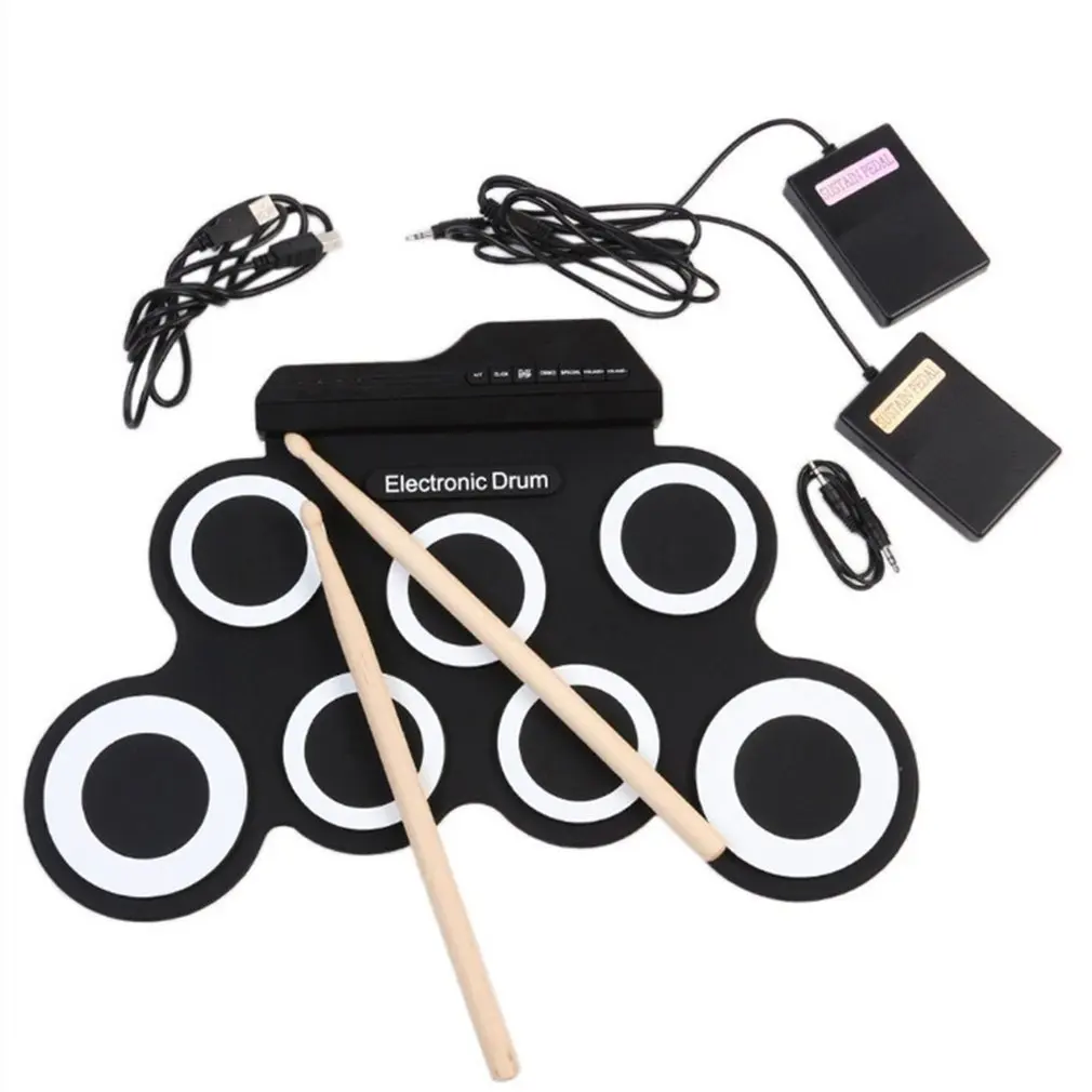 

7 keys NEW Portable Digital Mono Electronic Drum Set Kit Silicon Pads Built-in Speaker USB Powered with Drumsticks Foot Pedals