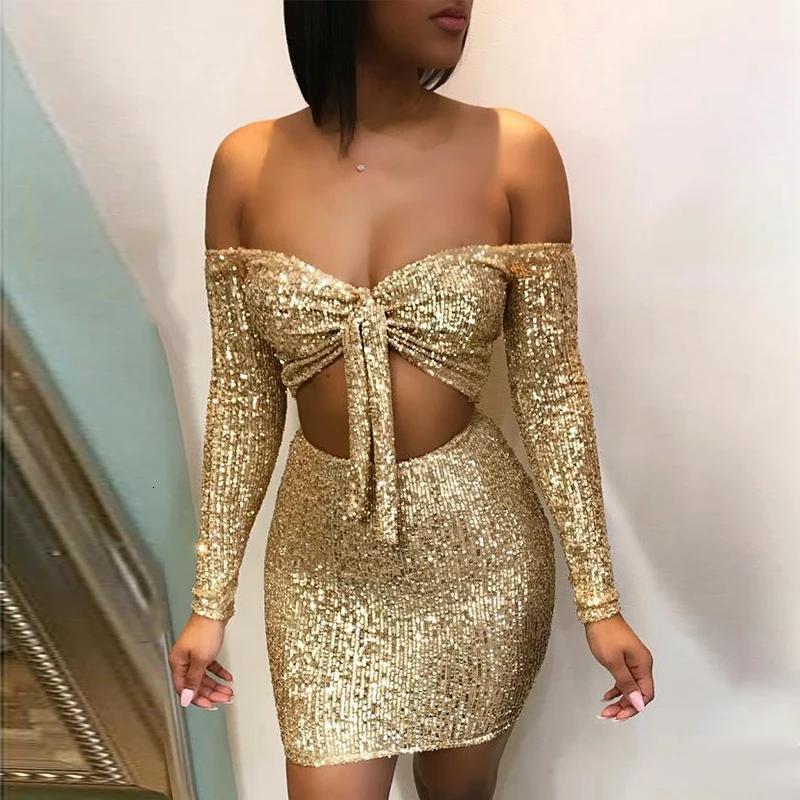 COSYGAL платье с открытыми плечами, Bodycon из блестящего материала платья Для женщин лук для ночного клуба вечерние блестящее платье из двух частей женский Платья.Осень-зима