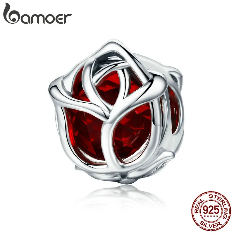 Kaufen BAMOER Romantische 100% 925 Sterling Silber Rose Blume, rot Kristall Charme Perlen fit Frauen Charme Armband DIY Schmuck Machen SCC568