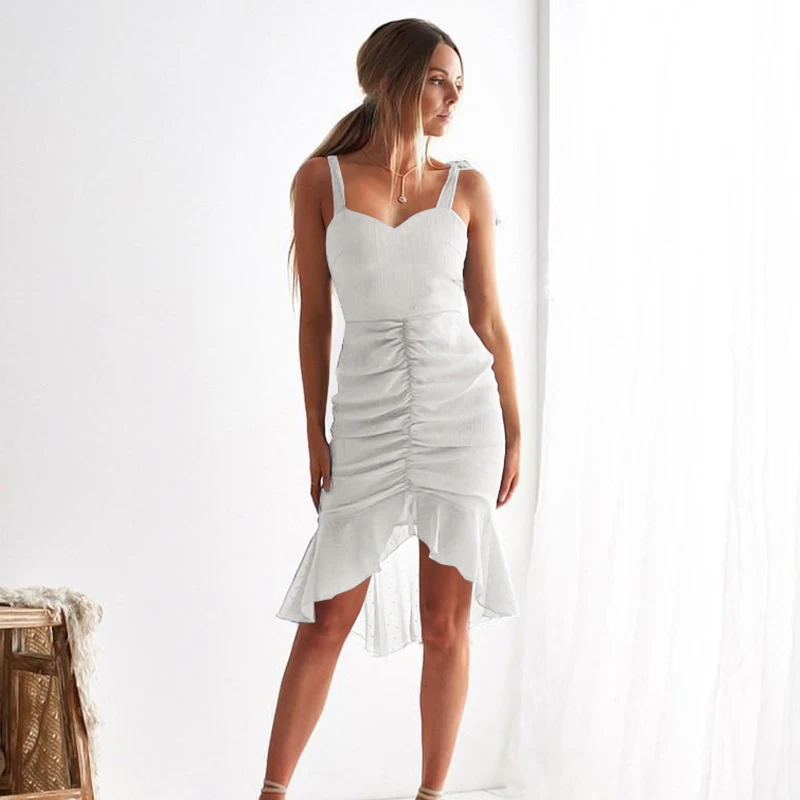 

Sling Irregular Ruffled Summer Dress Women's Fashion Casual Women's Dresses 2019 New Sundress Sexy Elegant White Dress