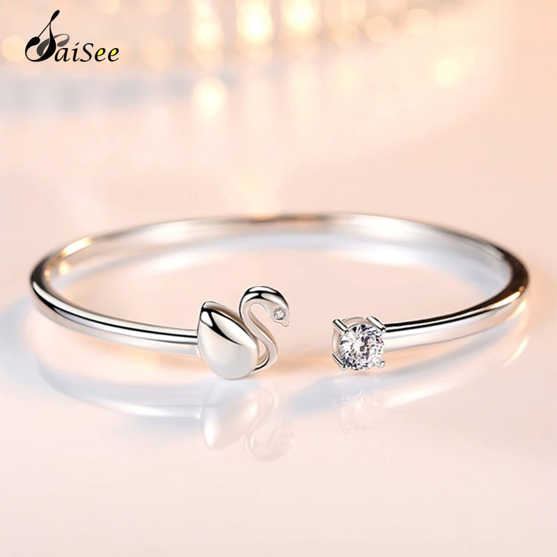 

SaiSee Fashion 925 Sterling Silver Animal Cygnus Pave AAA CZ Zircon Crystal Cuff Bracelet Bangle For Women Engagement Jewelry