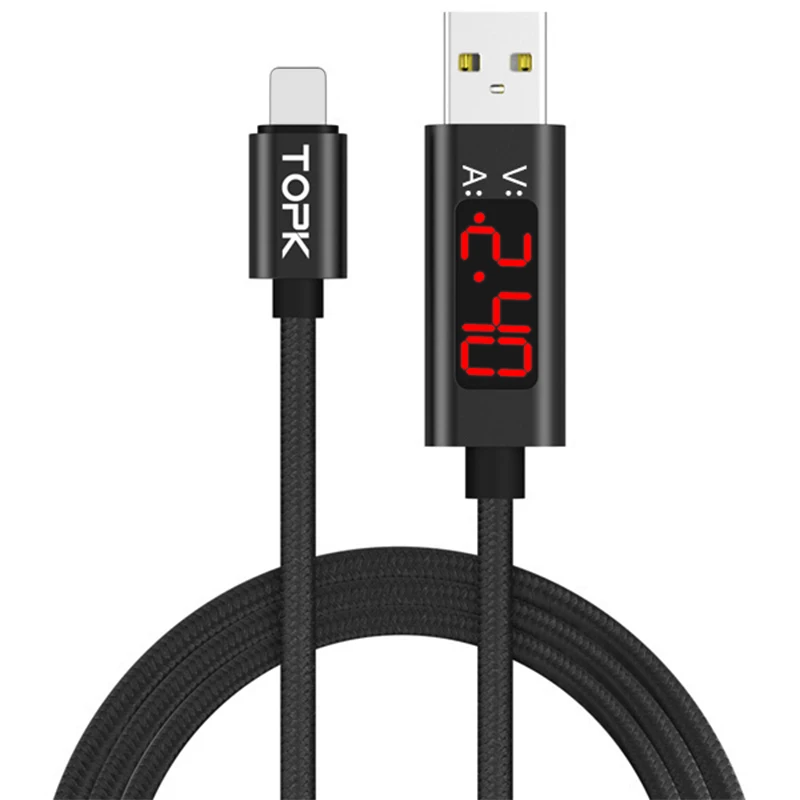 Black TOPK кабель для быстрой зарядки для iPhone, USB кабель для синхронизации данных с ЖК-дисплеем и напряжением тока для iPhone 11 Pro Max Xs Xr X 8 7 6s Plus - Цвет: Black