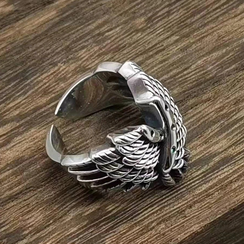 S925 sterling silver wing opening punk ring with inlaid green zircon adjustable charm ring jewelry