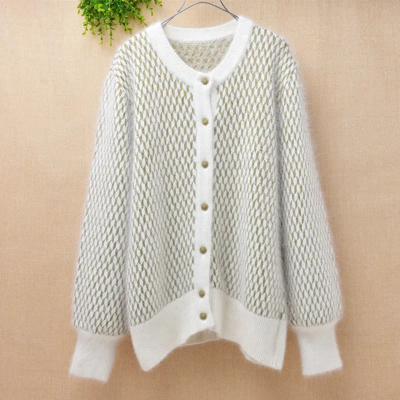 Body63cm chest98cm Женский Осенний Тонкий плед Ангорский кролик мех вязаный кардиган длинный Фонарь рукава свитер норка кашемир пальто куртка зима - Цвет: Body63cm chest98cm