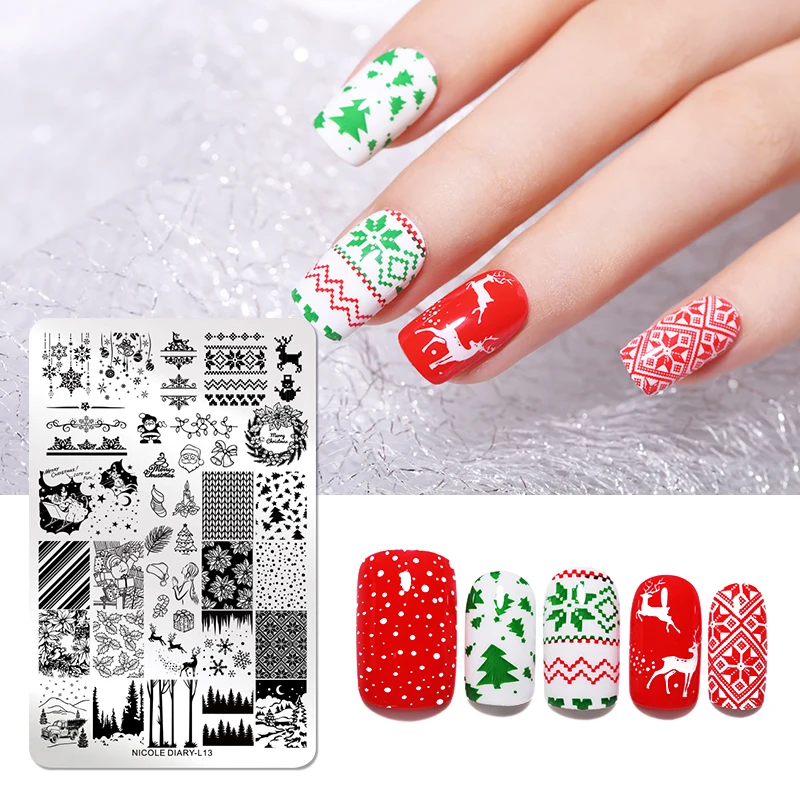 

NICOLE DIARY Christmas Nail Stamping Plates Snake Leaf Snow Marbel Image Printing Plates Geometric Stencil Nail Art Stamp Tool