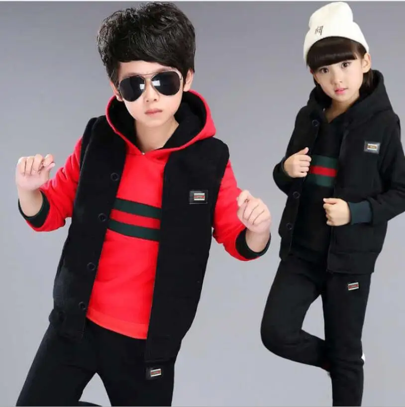 Autumn children's clothes boys and girls new children's sanitary clothes three-piece suit with velvet medium-sized children
