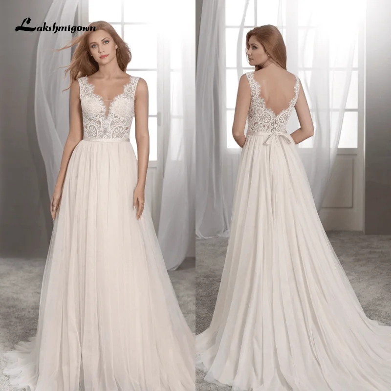 

Lakshmigown Simple A Line Beach Wedding Dress Elegant Lace Appliques Boho Bridal Gown Custom Made V Neck Sweep Train