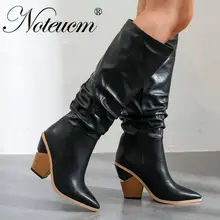 Казаки Женские коричневые, черные, белые кожаные г. Модные осенние высокие сапоги до колена в западном стиле со складками зимняя женская обувь scarpe donna