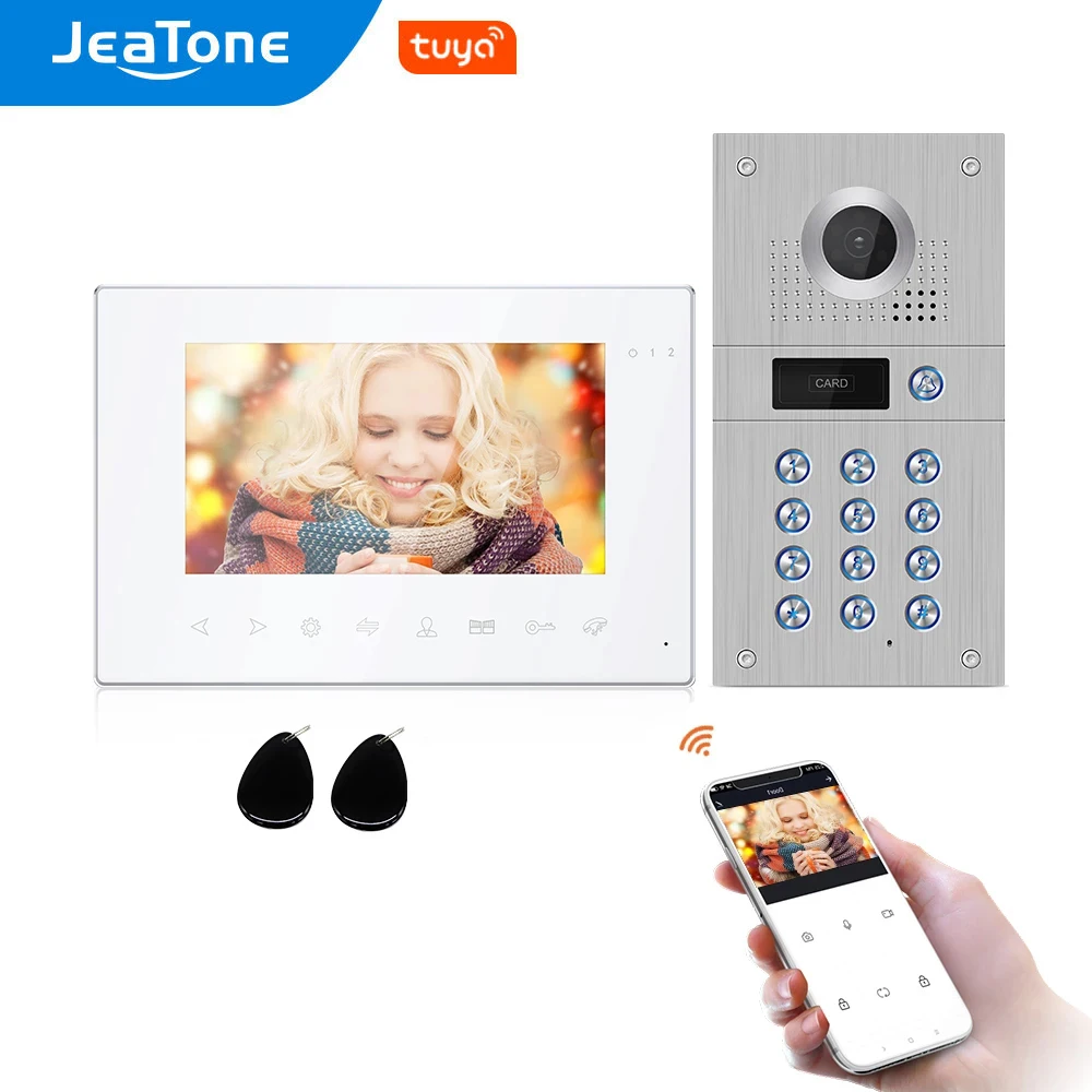 Jeatone 7 pulgadas 960P/AHD Tuya Wifi Video intercomunicador para el hogar Video de la puerta teléfono Video de la puerta de Panel de llamadas de apoyo cerraduras eléctricas Control remoto