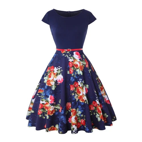 MISSJOY, плюс размер, 4XL, платье, kleding vrouwen, винтажное, элегантное, с рукавом-крылышком, с лимонным цветочным принтом, на булавке, модные платья, kerst jurk - Цвет: Navy Red