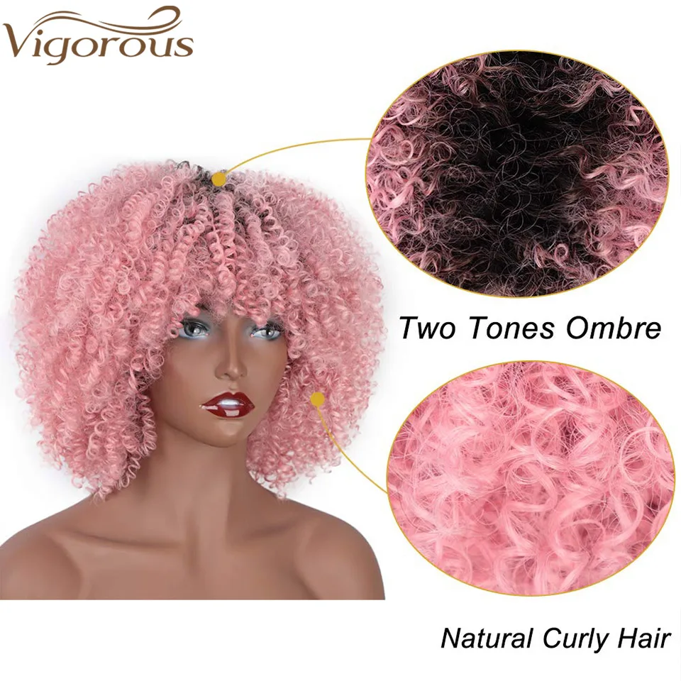 Vigorous Synthetic Wigs Short Afro Kinky Curly Ombre Pink Hair for Black Women 10Inches Wigs Natural Purple Heat Resistant Hair