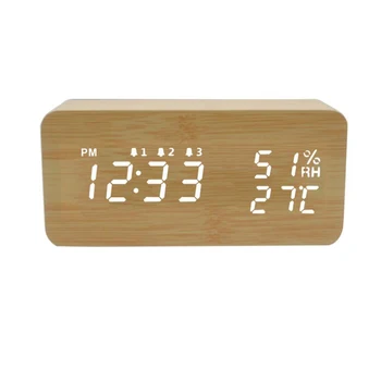 

LED Wooden Temperature and Humidity Alarm Clock Table Voice Control Digital Wood Electronic Desktop Clocks Table Decor