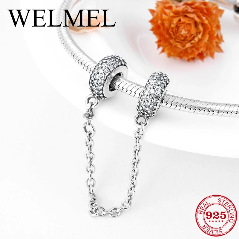 

2018 Fashion 925 Sterling Silver DIY round clear CZ fine Safety Chain Beads Fit Original Pandora Charms Bracelet Jewelry making