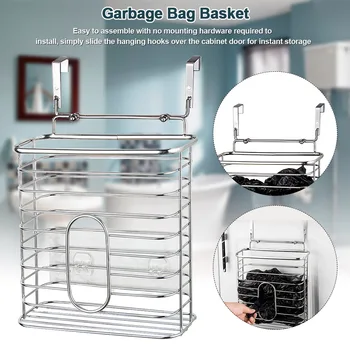 

Stainless Steel Over Door Trash Cabinet Dispenser Rack Rubbish Garbage Bag Basket Stand Holder Space Saving Kitchen Organizer