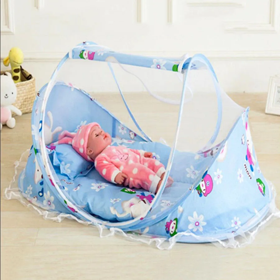 Portable Foldable Baby Kids Bed Crib Mat Pad Cover With Mosquito Net Infant Soft 