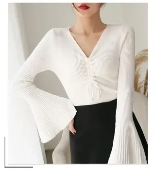 

Fall Women Casual Black Sweater Flare Long Sleeve Knitted Pullover Ruched Slim V Neck Drawstring Yellow Sweaters