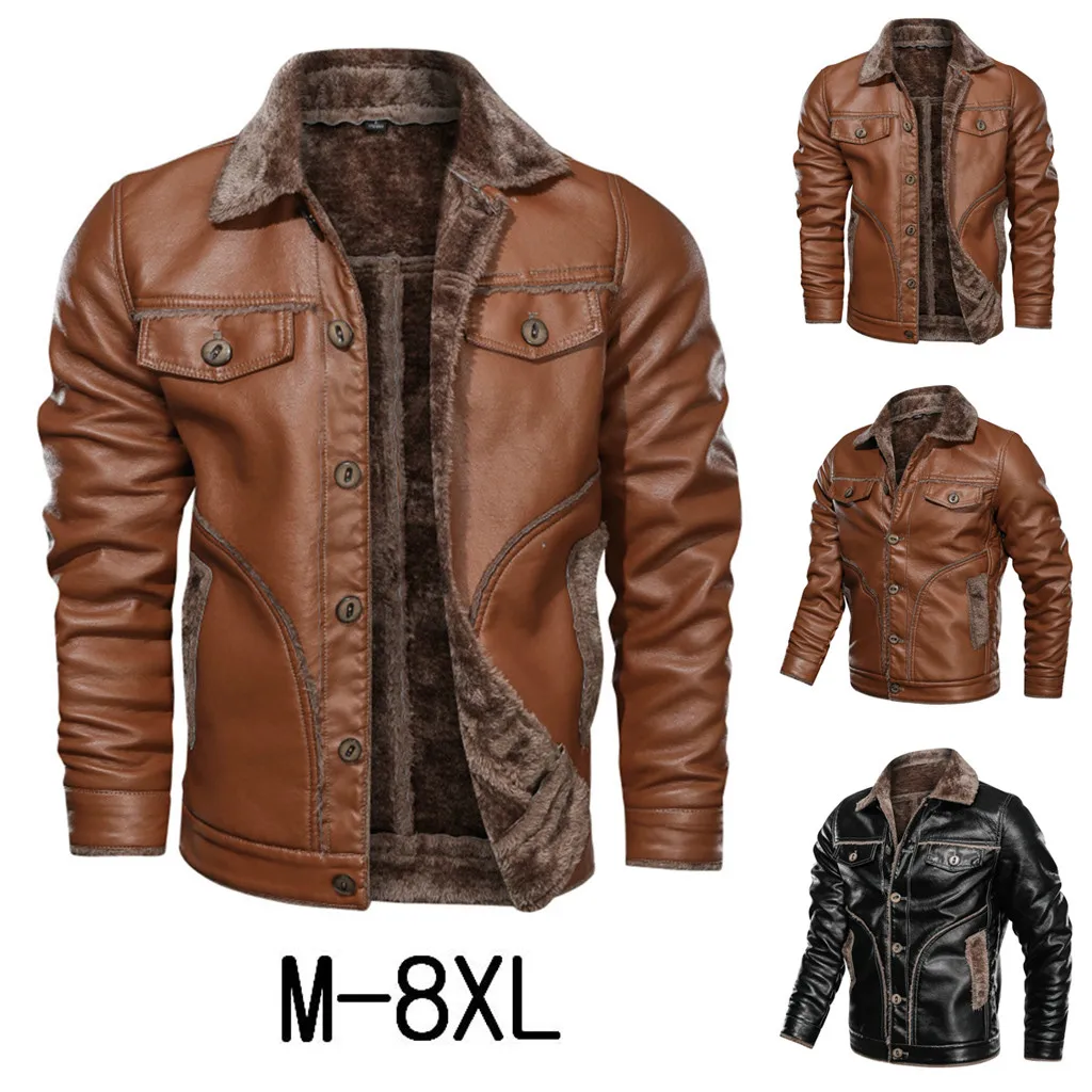 men's fashion winter jacket куртка мужская пуховик Men's Autumn Winter Vintage Turn-down Collar Solid Imitation Leather Coat