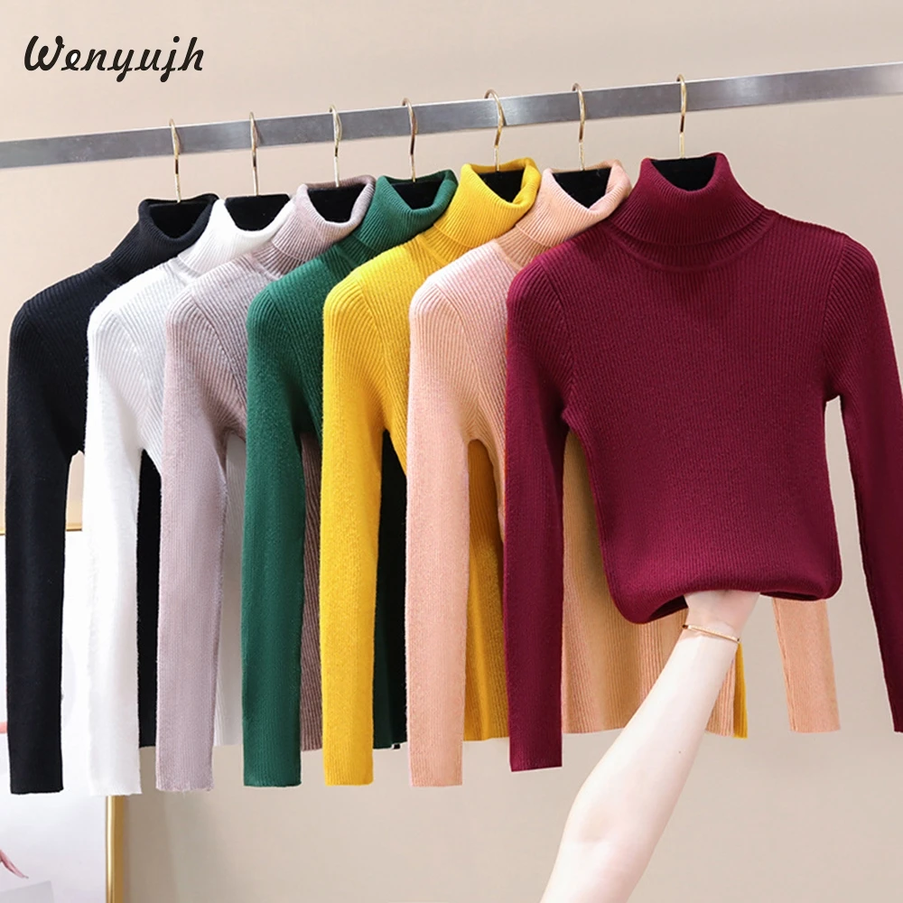 

Wenyujh 2019 Autumn Winter Women Knitted Sweaters Pullovers Turtleneck Long Sleeve Solid Color Slim Elastic Female Sweaters