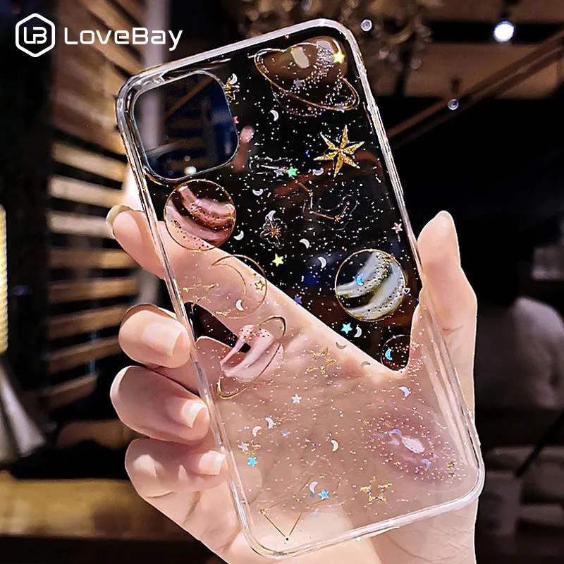 Lovebay Блестящий блестящий чехол со звездами и Луной для iPhone 11 Pro X XR XS Max 7 8 6 6s Plus прозрачный мягкий чехол для телефона TPU задняя крышка