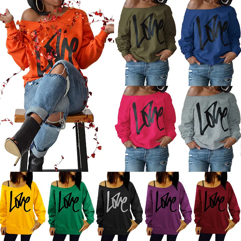 

WOMEN'S Autumn Top Solid LOVE Printed Letter Long-sleeved Casual Sweater Exposed Shoulder Elastic Pullovers Female