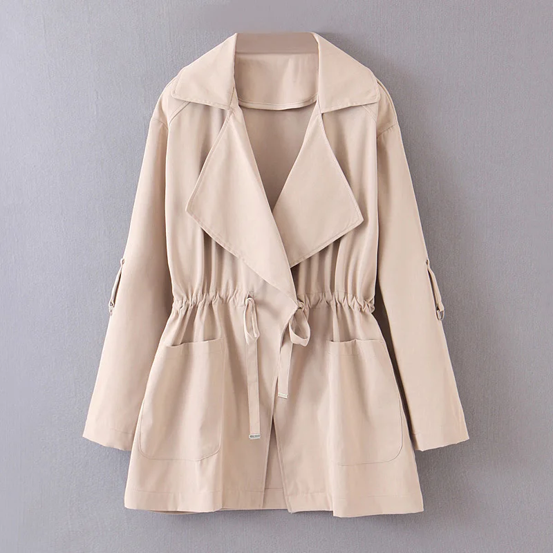 Tangada women solid trench coat elegant elastic waist pocket female khaki windbreaker outwear korean fashion SL71 - Цвет: Хаки