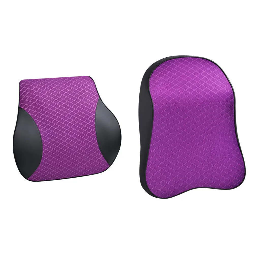 Purple 1 комплект, искусственная кожа, Автомобильная подушка для шеи, подушка для шеи, 3D пена памяти, подушка для поясницы, универсальная подушка под спину, автомобильные аксессуары - Цвет: Purple
