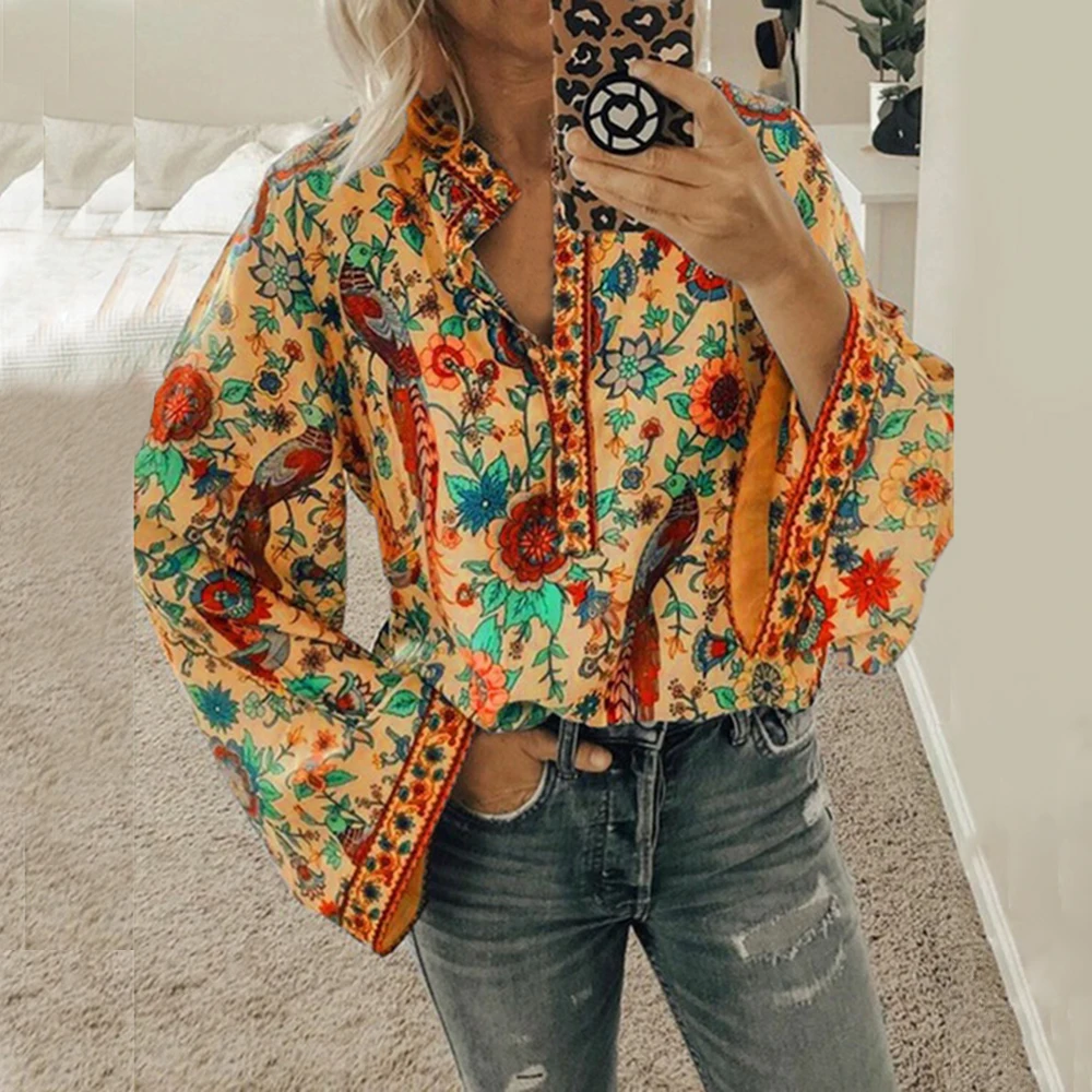 Womens Floral Print Blouses Shirt Long Sleeve Tops Blouse Casual Flare Sleeve 2019 New style Female Work Wear Shirts Tops