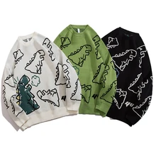 

Men's Winter Sweater Korean Style Vintage O-Neck Knitted Pullover Cartoon Dinosaur Printing Streetwear Branded Men's Clothing