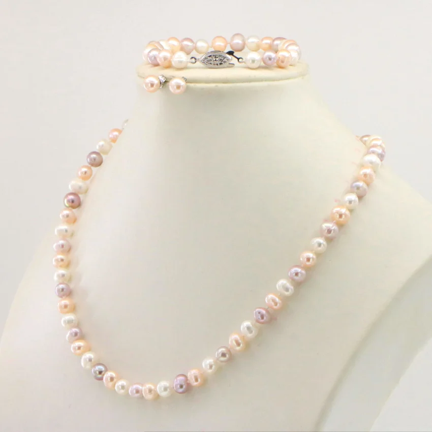 WUBIANLU 4 colors 7-8mm Pink Pearl Necklace Bracelet Earring Sets Women Jewelry Making Design Fashion Style Girl Gift Wholesale (7)