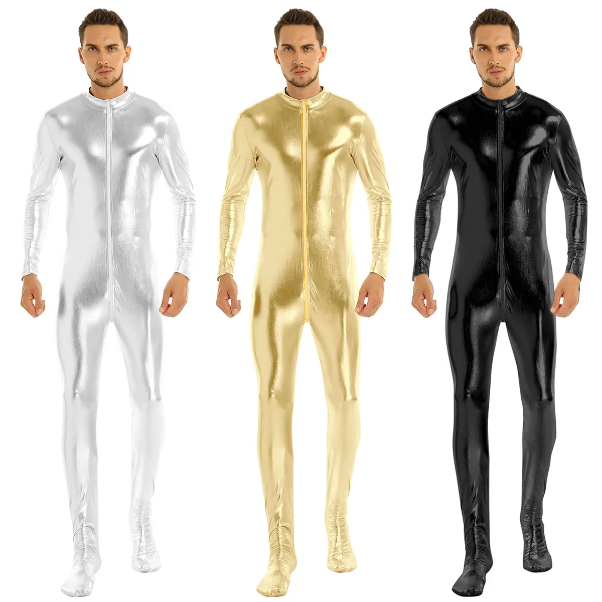 iiniim Mens Body Sexy Teddies Shiny Metallic Club Bodystocking Closed Toe Stretchy Full Body Leotard Bodysuit Clubwear Costumes