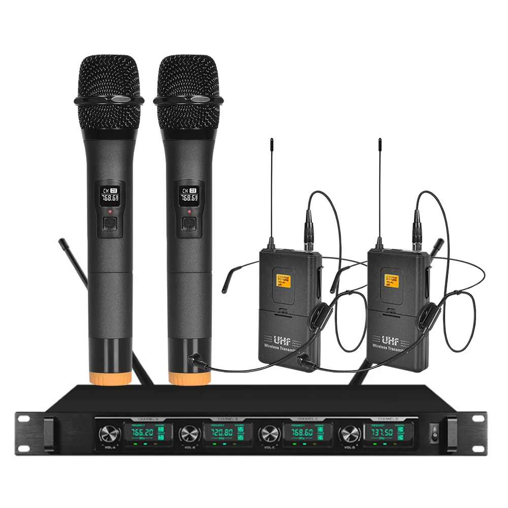 

Professional Wireless Microphone System Two Handheld Two Headset Microphones Wireless Karaoke Stage Microphone