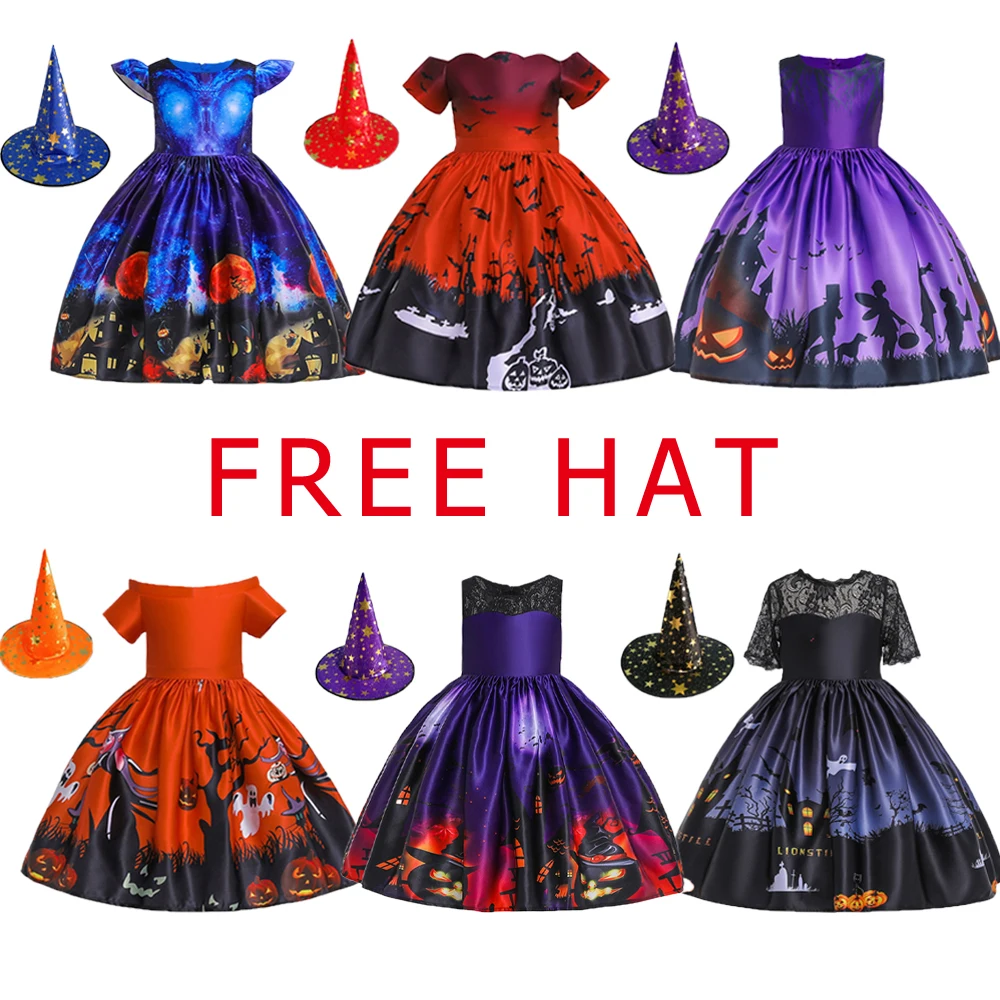 Платье для девочек Тыква призрак шляпа Хэллоуин платье для маленьких девочек костюм для косплея Детские платья для девочек, одежда принцессы от 3 до 8 лет WS