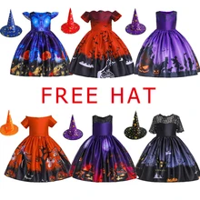 Платье для девочек Тыква призрак шляпа Хэллоуин платье для маленьких девочек костюм для косплея Детские платья для девочек, одежда принцессы от 3 до 8 лет WS