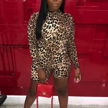 

New Fashion Printed Tiger Leopard Playsuits Fitness Long Sleeve Outwear Autumn Biker Shorts Bodycon Romper 2020 Outfits G1265